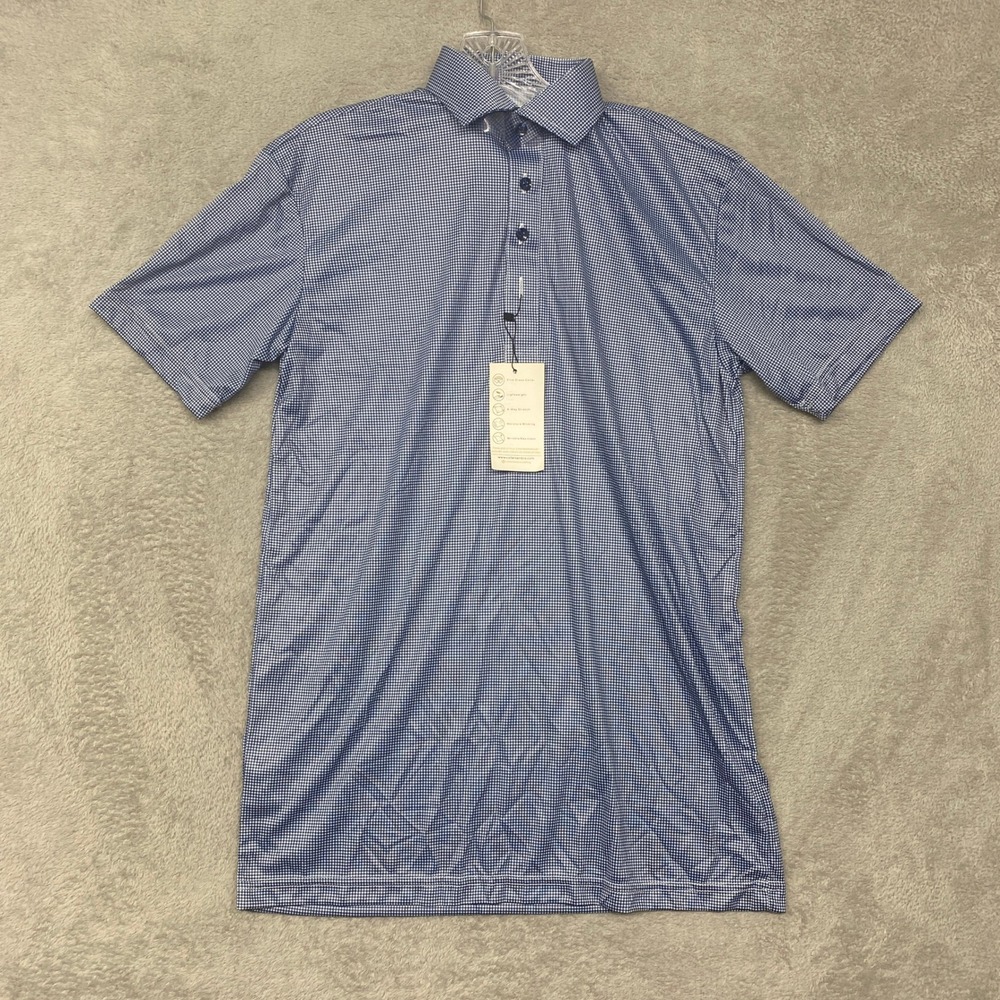 Collars & Co Mens Dress Collar Polo Shirt Blue White Micro Check Small NWT Golf
